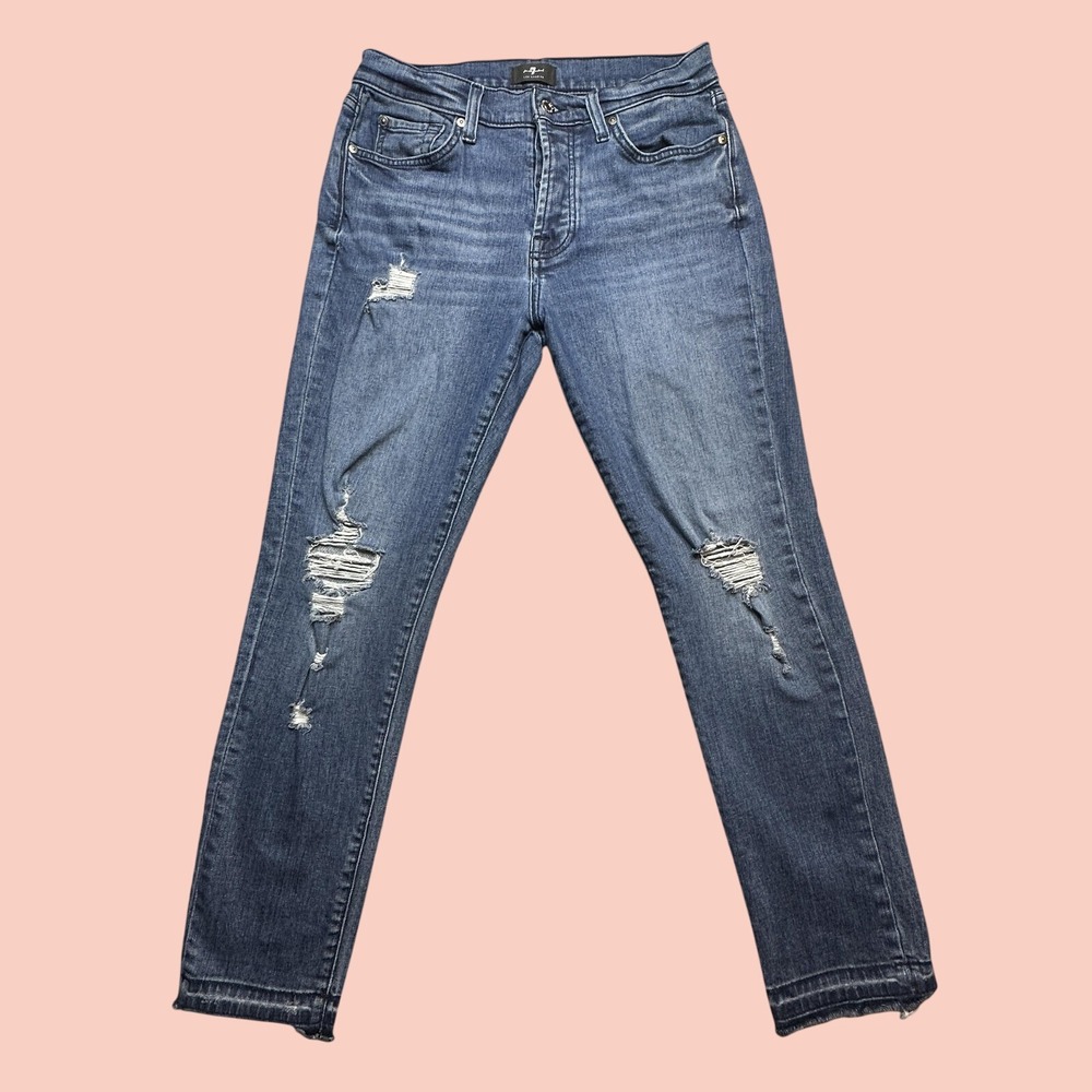 7 For All Mankind Jeans Womens 27 Blue Distressed Slim Straight Raw Hem 7U370080